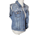 Tribal Jeans Denim Lace Vest Jacket Pockets Womens Large New Button Down Front