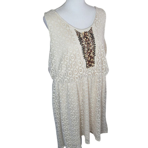 Maurices Plus Dress Womens 2X Doily Eyelet Lace Sleeveless Beaded Sequin Beige