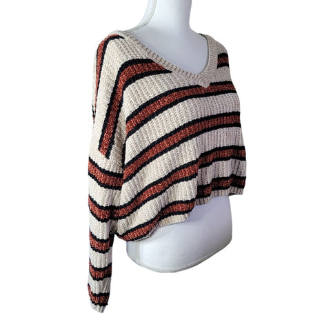 Wild Fable Crop Sweater Shirt Soft Thick Warm Stripes Brown Beige Long Sleeve