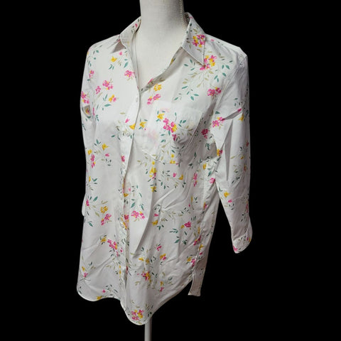 Lands End No Iron Supima Cotton Floral Button Down Shirt Womens Size 6 White