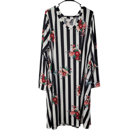 Lularoe Emily Womens 3XL Striped Floral Pockets Tags Pink Flowers Plus Size