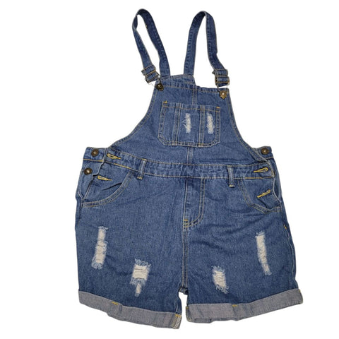 Overall Shorts Jean Denim Distressed Womens Small 4 6 Blue Button Sides Pockets
