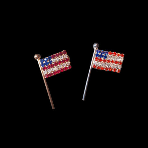 Pair Of Rhinestone American Flag Brooch Pins With Gold & Silver Tones