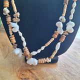 Multistrand Beaded Necklace Sea Shells Wood Beads Long 30 Inch Nautical Tropical