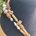 Multistrand Beaded Necklace Sea Shells Wood Beads Long 30 Inch Nautical Tropical
