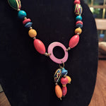Chunky Wooden Bead Necklace Bright Colorful Geometric Patterns Hook Clasp 90s