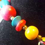 Chunky Wooden Bead Necklace Bright Colorful Geometric Patterns Hook Clasp 90s