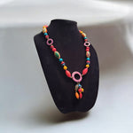 Chunky Wooden Bead Necklace Bright Colorful Geometric Patterns Hook Clasp 90s