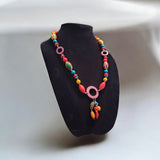 Chunky Wooden Bead Necklace Bright Colorful Geometric Patterns Hook Clasp 90s