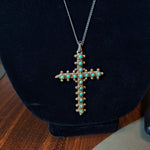 Cross Pendant Necklace Turquoise Silver Toned Chain 2.5 Inch Focal Point