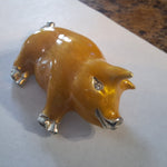 Retro Gold Tone Pig Brooch Rhinestone Eyes Silver Accents Pork Hog Farm Country