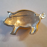 Retro Gold Tone Pig Brooch Rhinestone Eyes Silver Accents Pork Hog Farm Country