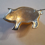 Retro Gold Tone Pig Brooch Rhinestone Eyes Silver Accents Pork Hog Farm Country