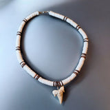 Shell Shark Tooth Necklace Brown Wood Beads Lobster Clasp Y2K Surfer 16 Inch