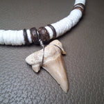 Shell Shark Tooth Necklace Brown Wood Beads Lobster Clasp Y2K Surfer 16 Inch