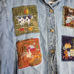 Denim Jean Button Up Blouse Fall Patch Corduroy Collar Embroidered Bobbie Brooks Medium