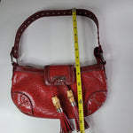 Marc Chantel Red Faux Leather Tassle Handbag Studded Shiny Handle Pockets