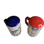 Set of Salt and Pepper Shakers Ceramic Unmarked Colorful Red Blue