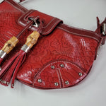 Marc Chantel Red Faux Leather Tassle Handbag Studded Shiny Handle Pockets