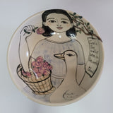 Maria Serrot Stoneware Painted Bowl Handmade Flowers Woman