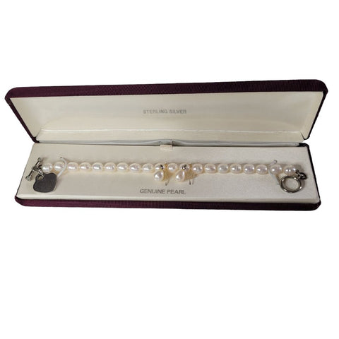 Genuine Pearl Bracelet Sterling Silver 7 Inch Toggle Closure Earrings Set VIntage