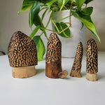 Set of 4 Morel Mushroom Wood Carved Merchroom Forage Mantle Outdoors Fungi Art