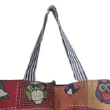 Unbranded Owl Tote Bag Canvas Patchwork Gray Striped Handles
